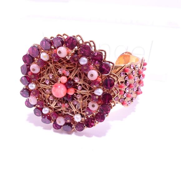 Vintage Lee Angel Crystal bead pearlized Circles Cuff Statement Bracelet NWT 498 - Picture 4 of 10